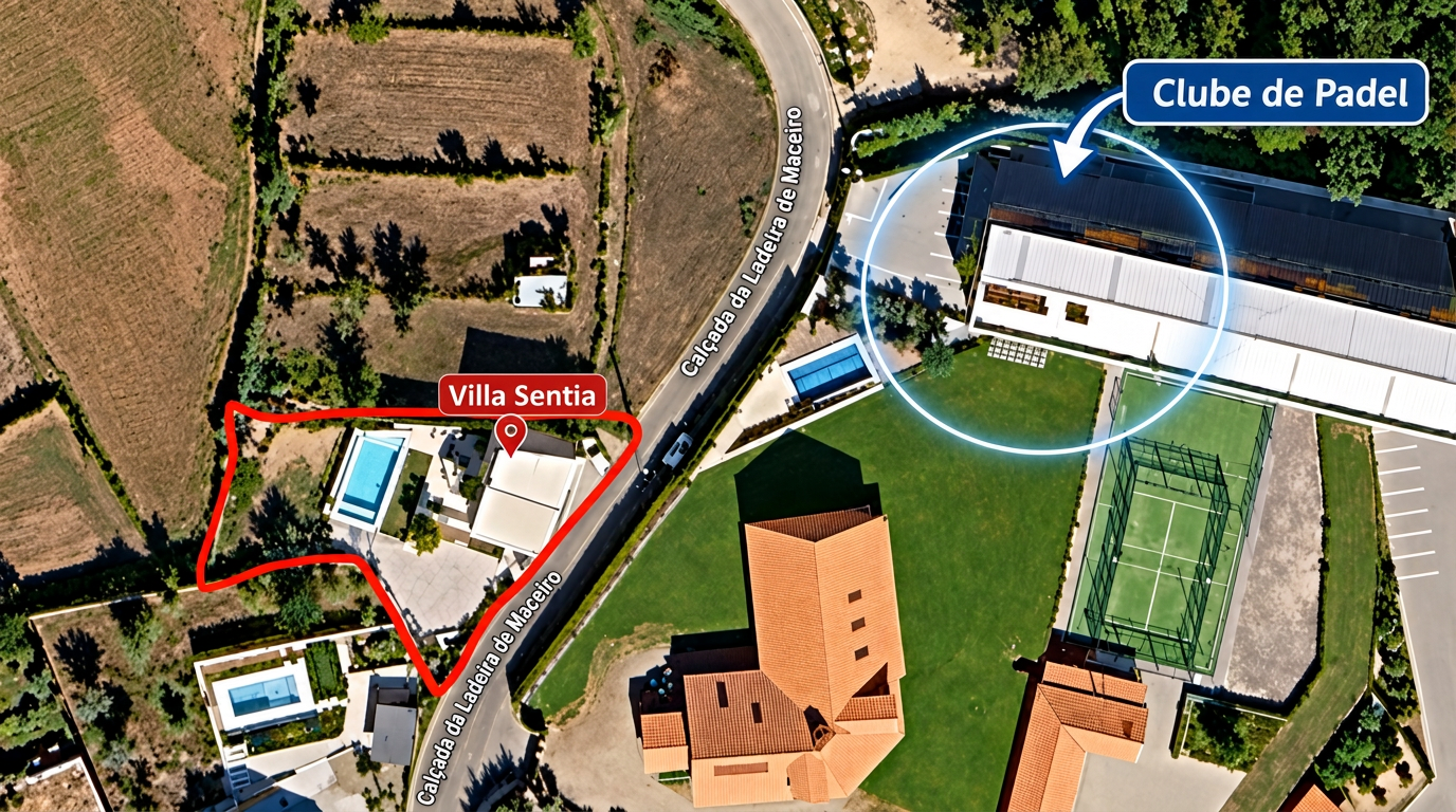 Aerial view of Villa Sentia with the padel club opposite
